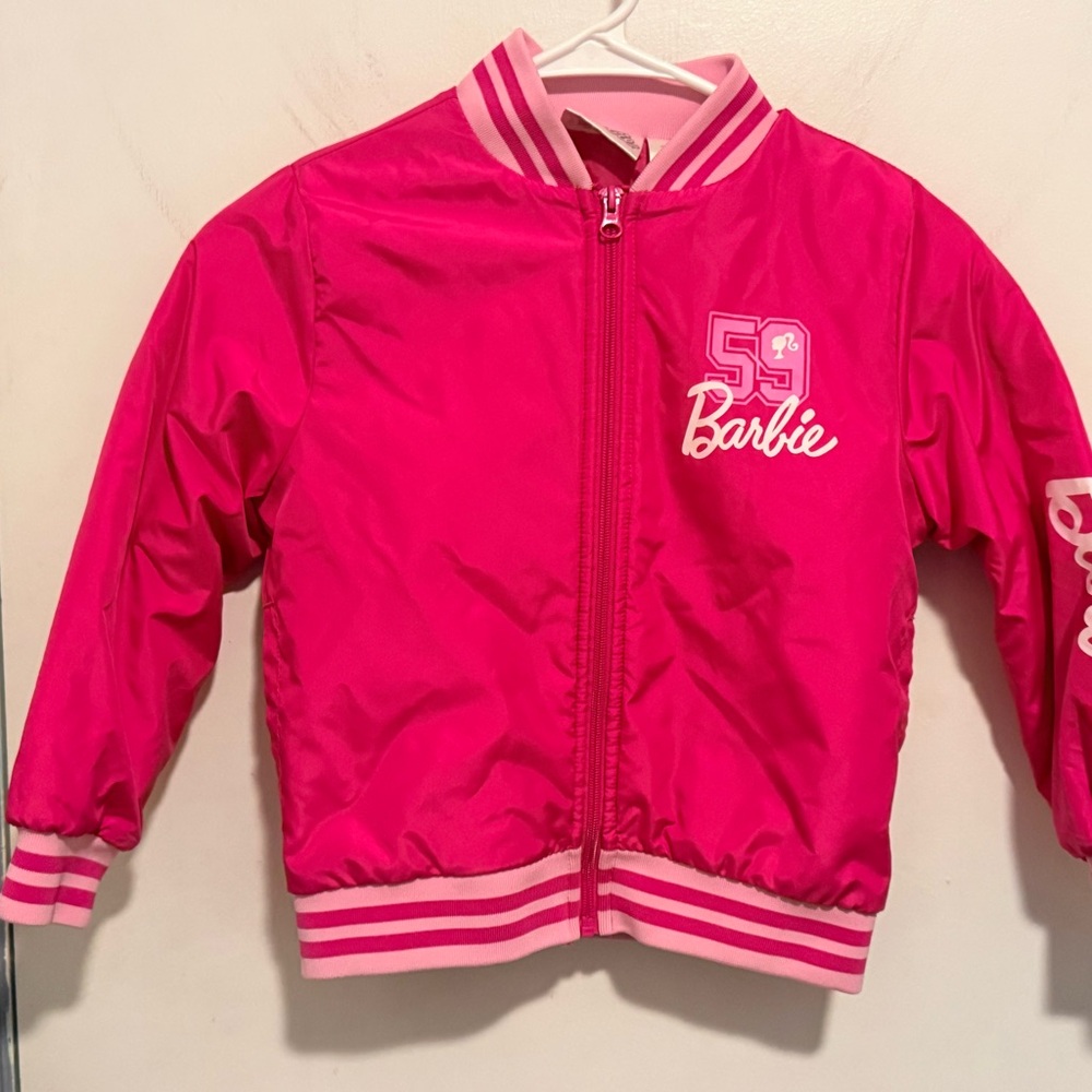Barbie Bright Pink Bomber Jacket with Light Pink Stripes